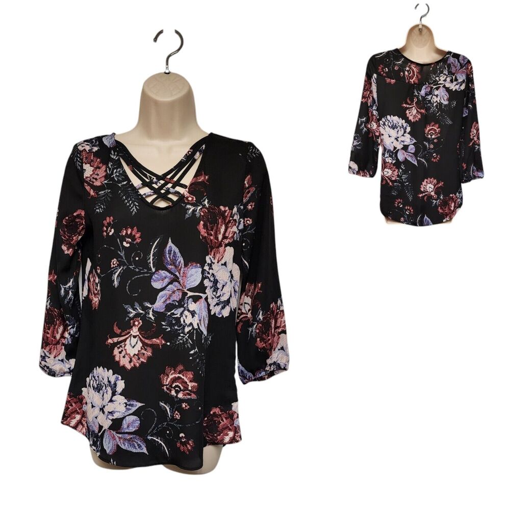Maurices Floral 3/4 Sleeve V Neck Criss Cross Sheer Chiffon Black Blouse Size XS
